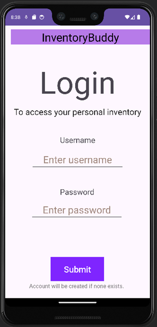 InventoryBuddy default login screen