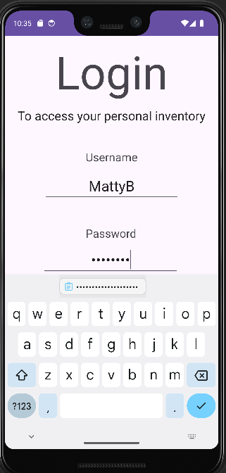 Login screen with username and masked password