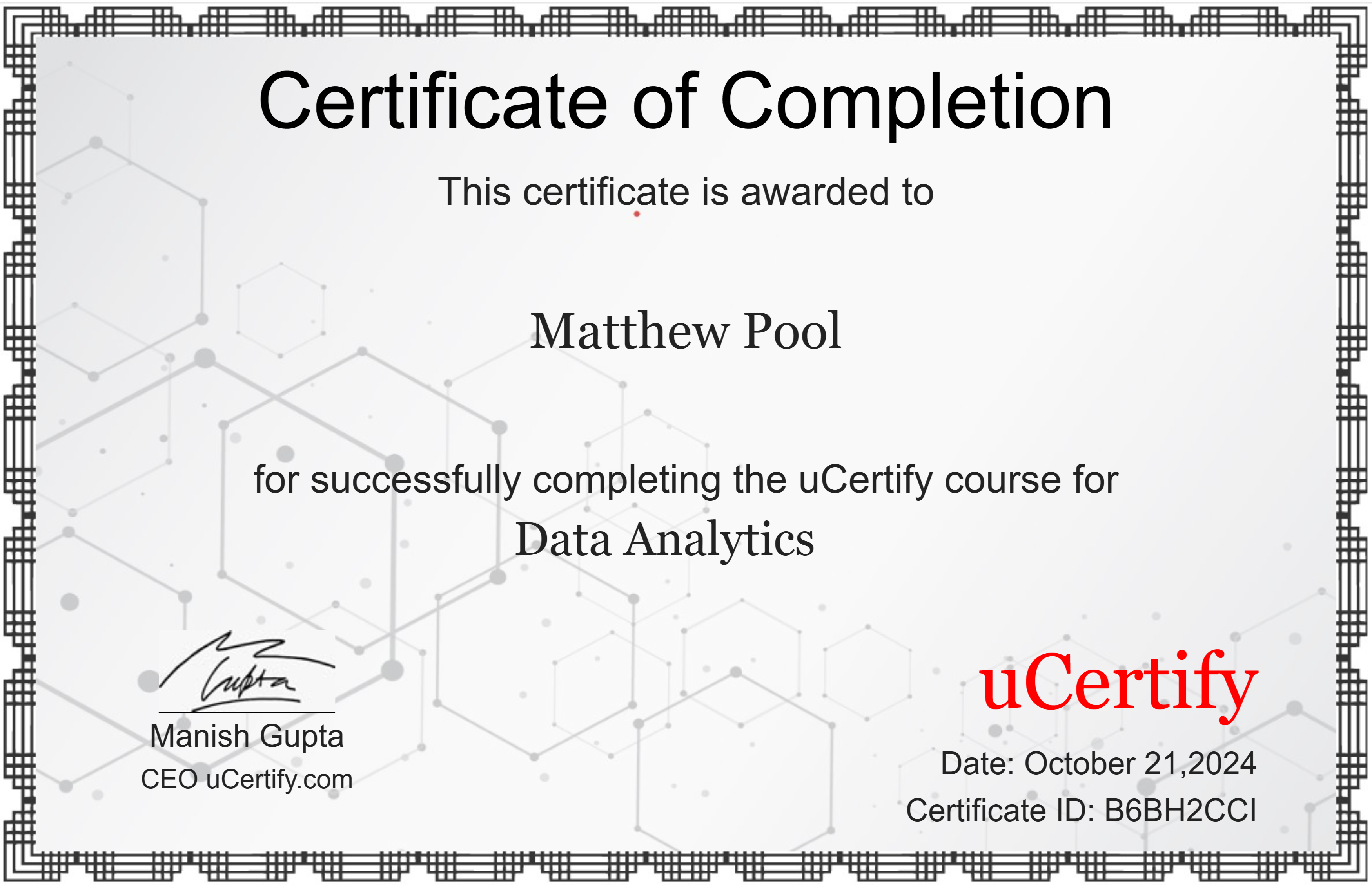 Certification for Data Analysis awarded to Matthew Pool
