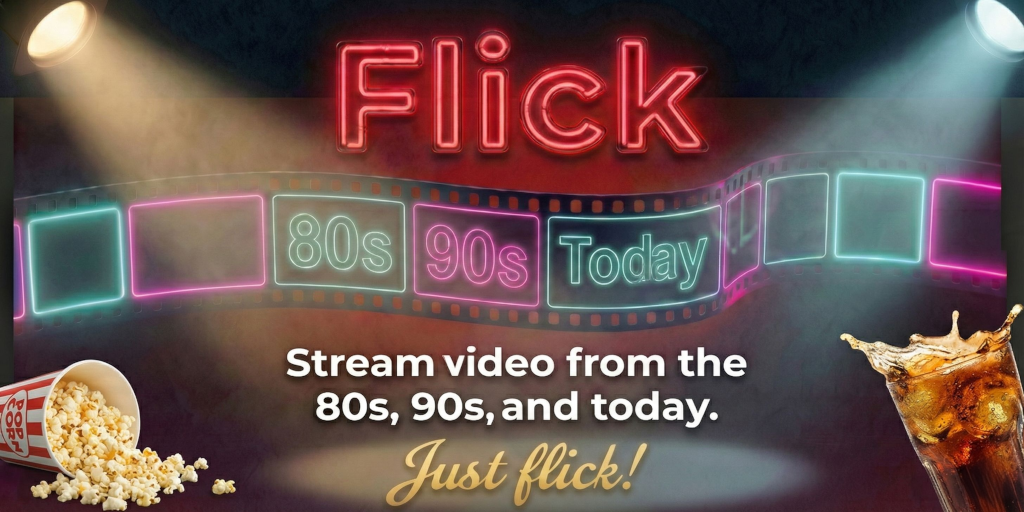 Flick app banner featuring movie elements like film, popcorn, and movie-style spotlights shining at the phrase 'Flick'