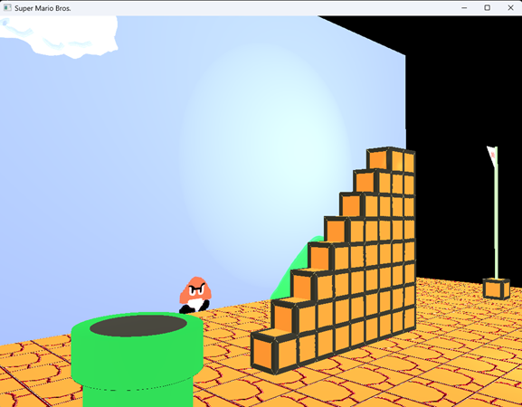 3D Super Mario Bros. scene with a Goomba sneaking around behind the steps
