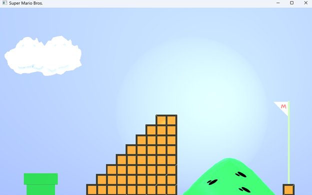 2D Super Mario Bros. scene with flagpole scene with steps and a pipe
