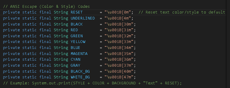 ANSI escape code declarations