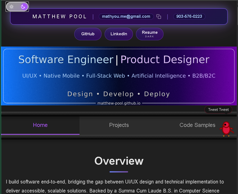 High-fidelity preview of this portfolio website currently displaying the dark mode theme