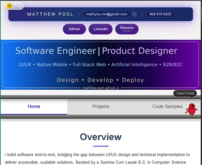 Preview of this portfolio website showing a clean, responsive layout in light mode